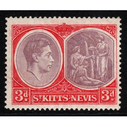 ST.KITTS-NEVIS SG73b 1943 3d DULL REDDISH-PURPLE & CARMINE-RED p14 MTD MINT