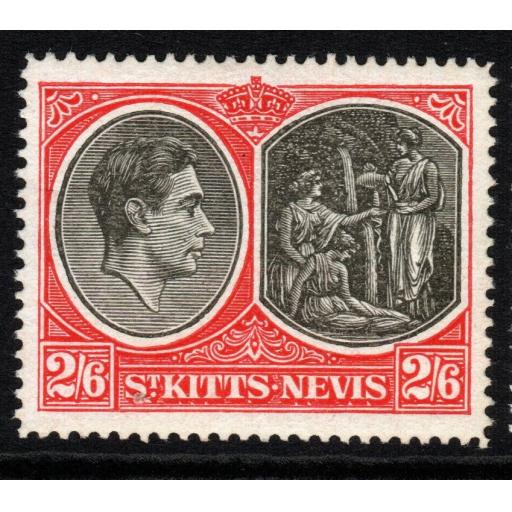 ST.KITTS-NEVIS SG76a 1943 2/6 BLACK & SCARLET p14 MTD MINT