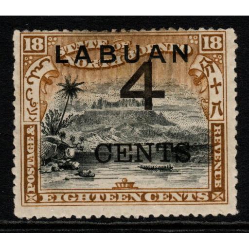 LABUAN SG106 1899 4c on 18c BLACK & OLIVE-BISTRE MTD MINT