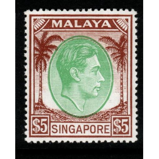 SINGAPORE SG30 1951 $5 GREEN & BROWN p17½x18 MTD MINT