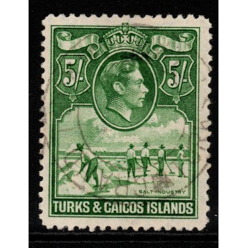 TURKS & CAICOS IS. SG204 1938 5/= YELLOWISH-GREEN FINE USED
