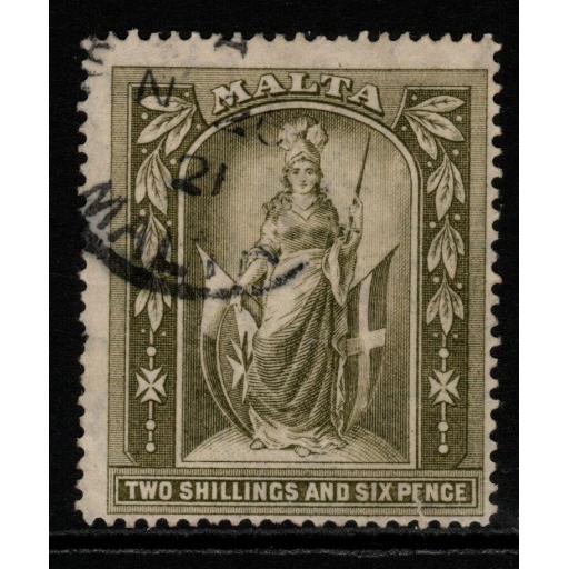 MALTA SG87 1919 2/6 OLIVE-GREEN USED PULLED PERF