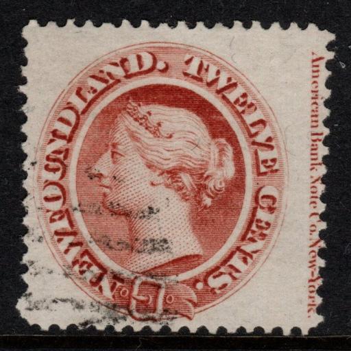 NEWFOUNDLAND SG28 1865 12c RED-BROWN RIGHT MARGINAL IMPRINT USED