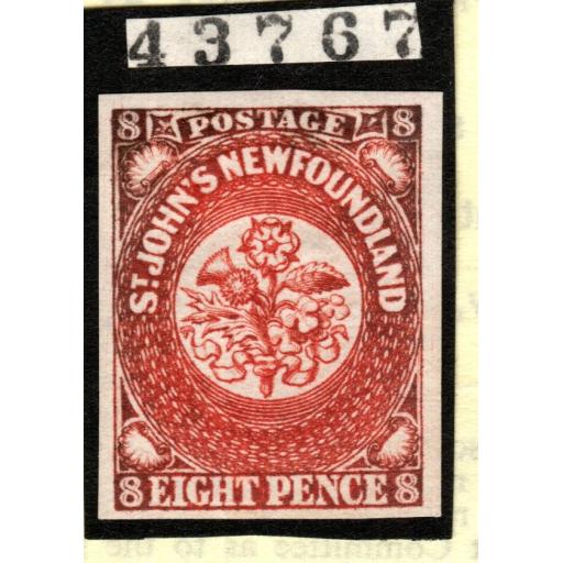 NEWFOUNDLAND SG8 1857 8d SCARLET-VERMILION WITH CERT MTD MINT