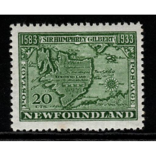 NEWFOUNDLAND SG247a 1933 20c GREY-GREEN p14(LINE) TONED PERF MTD MINT