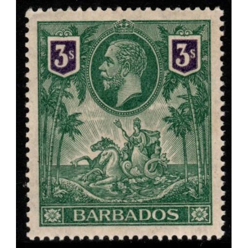 BARBADOS SG180 1912 3/= GREEN & VIOLET MTD MINT
