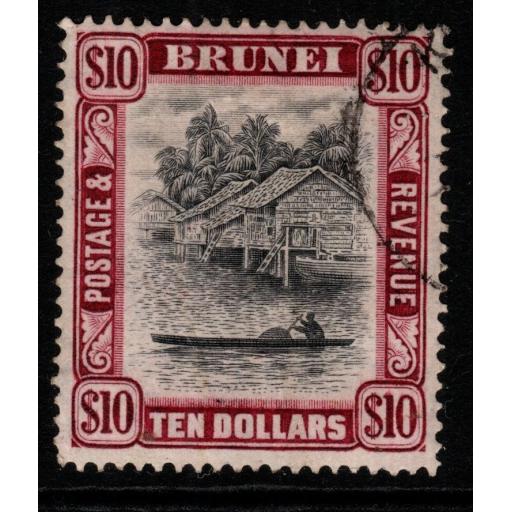 BRUNEI SG92 1948 $10 BLACK & PURPLE FINE USED