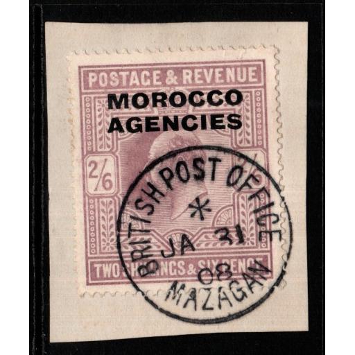 MOROCCO AGENCIES SG38 1907 2/6 PALE DULL PURPLE FINE USED ON PIECE