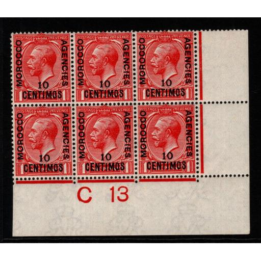 MOROCCO AGENCIES SG130 1914 10c on 1d SCARLET CONTROL C13 BLOCK OF 6 MNH