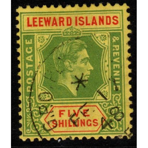 LEEWARD ISLANDS SG112 1938 5/= GREEN & RED/YELLOW FINE USED