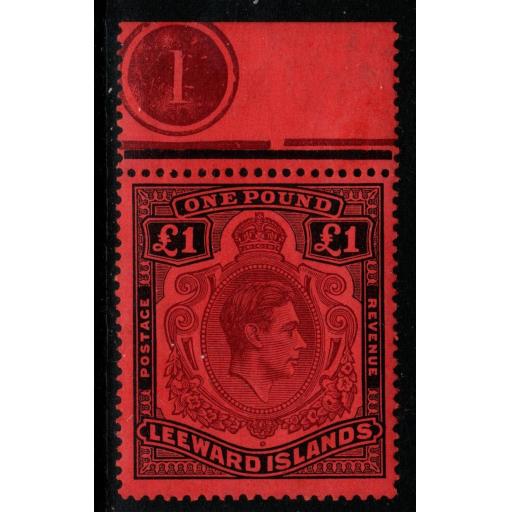 LEEWARD ISLANDS SG114 1938 £1 BROWN-PURPLE & BLACK/RED PLATE 1 MTD MINT