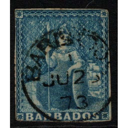 BARBADOS SG4 1852 (1d) DEEP BLUE 3 MARG USED