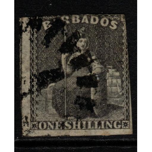 BARBADOS SG12a 1858 1/= BLACK 2 MARG USED