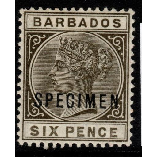 BARBADOS SG100s 1886 6d OLIVE-BLACK SPECIMEN MTD MINT