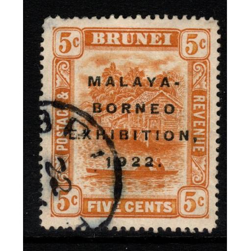 BRUNEI SG55 1922 5c ORANGE USED THINNED UPPER LEFT CORNER