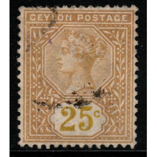 CEYLON SG198a 1886 25c YELLOW-BROWN(VALUE IN YELLOW) FINE USED