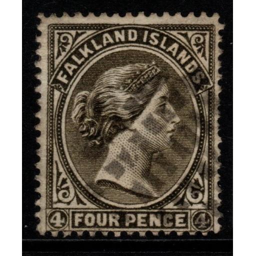 FALKLAND ISLANDS SG10w 1887 4d GREY-BLACK WMK CROWN TO RIGHT OF CA USED