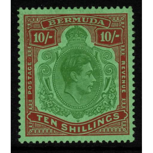 BERMUDA SG119f 1953 10/= GREEN & DULL RED/GREEN p13 ORD PAPER MTD MINT