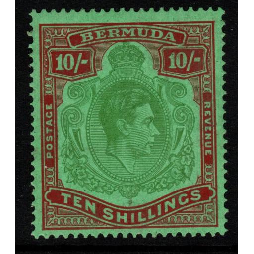 BERMUDA SG119c 1943 10/= YELLOWISH GREEN & DEEP CARMINE-RED/GREEN MTD MINT