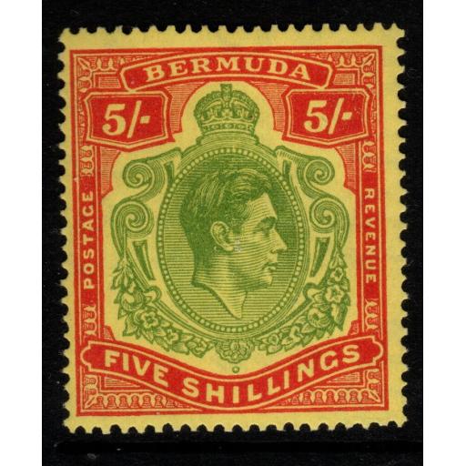 BERMUDA SG118e 1945 5/= GREEN & RED/PALE YELLOW ORD PAPER MTD MINT