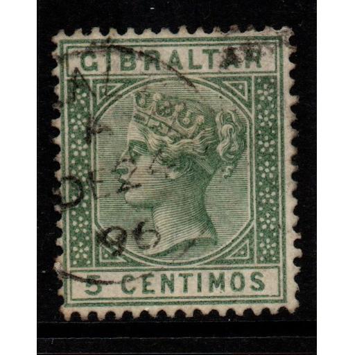 GIBRALTAR SG22a 1889 5c GREEN WITH BROKEN "M" USED